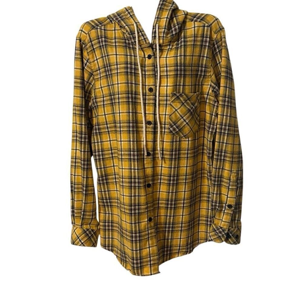 Mustard Yellow Plaid Hooded Button-Down Shirt | Size Medium | Cotton Flannel